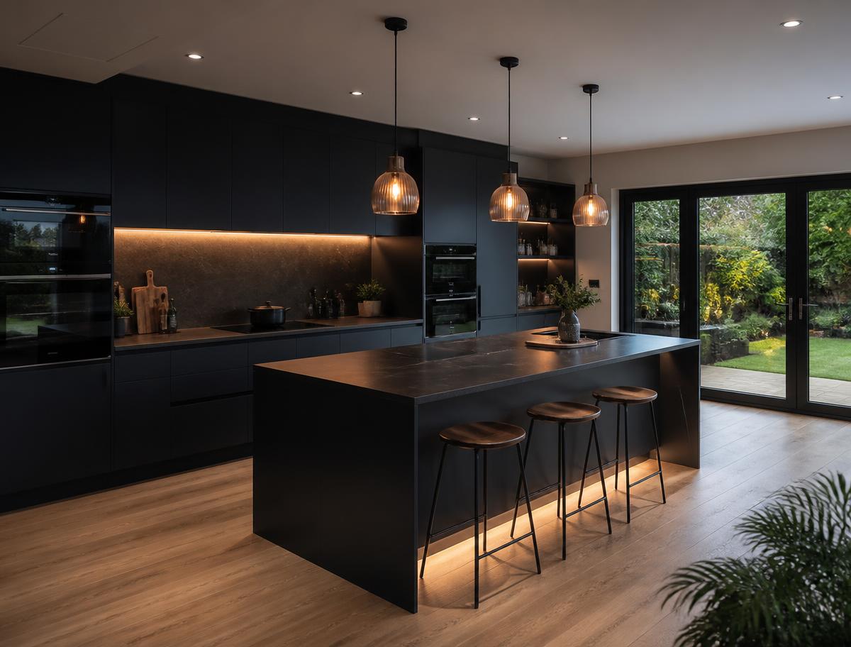 Contemporary dark kitchen with island and pendant lighting
